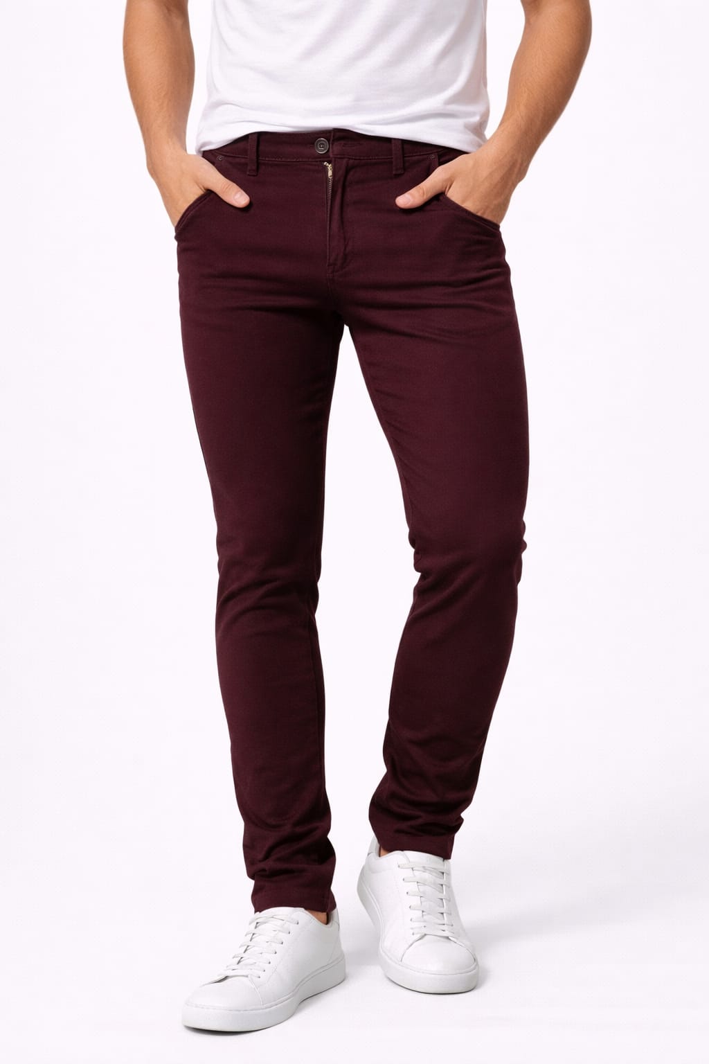 Pantalón De Gabardina Entubado Color Vino
